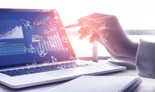 Businessman working with  modern laptop and icon.strategy concept