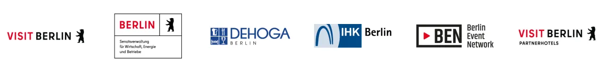 Logoleiste: visitBerlin, Senatsverwaltung für Wirtschaft, Energie und Betriebe, DEHOGA Berlin, IHK Berlin, BEN e.V., visitBerlin Partnerhotels e.V.